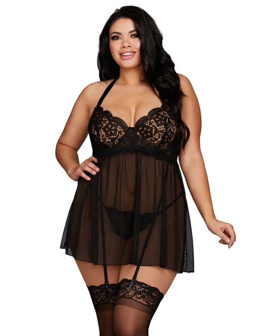 Dreamgirl Plus Size Venise Embroidery Lace Garter Babydoll with Thong