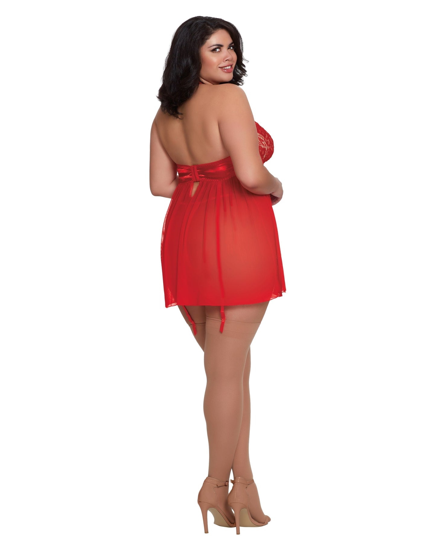 Dreamgirl Plus Size Venise Embroidery Lace Garter Babydoll with Thong