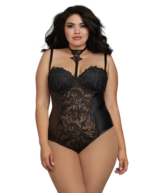 Dreamgirl Plus Size Venise Lace and Faux Leather Collared Teddy