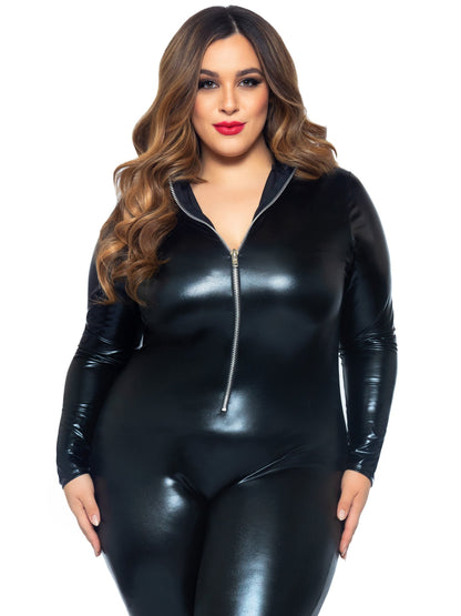 Plus Wet Look Leather Catsuit - Unspoken Fashion