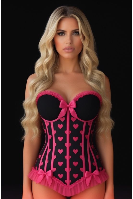 Lavish Black & Pink Hearts Lycra Hook & Eye Back Closure Bustier