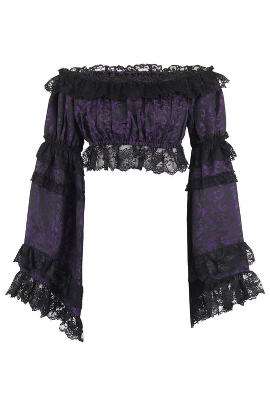 Purple/Black Brocade Smocked Flare Sleeve Peasant Top.