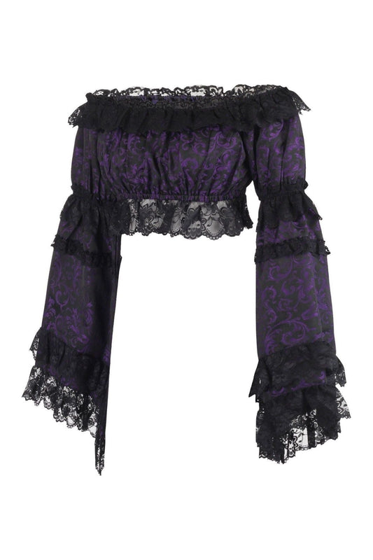 Purple/Black Brocade Smocked Flare Sleeve Peasant Top.