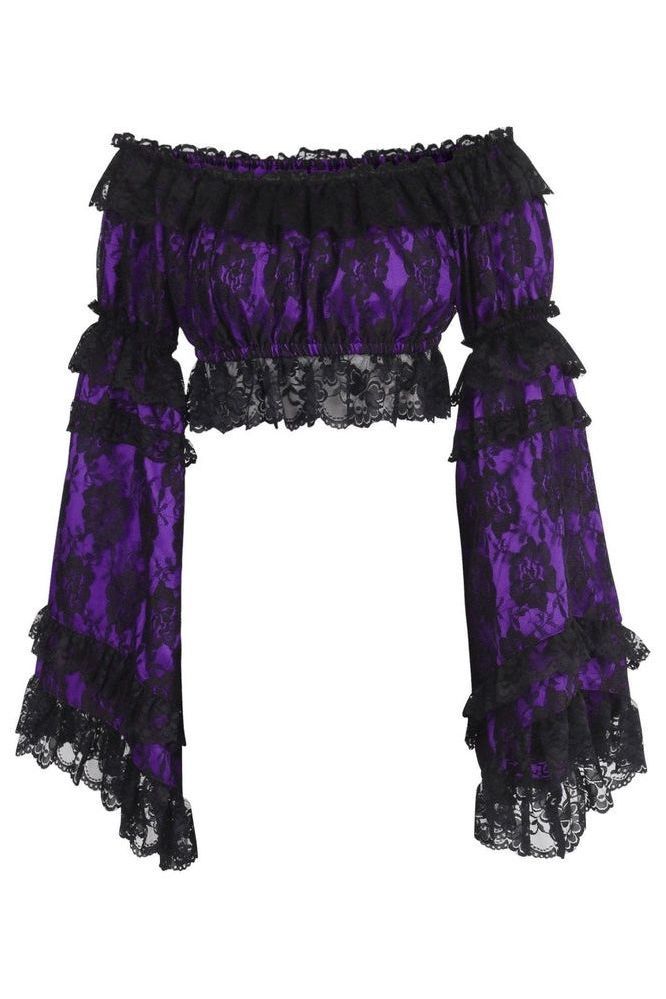 Purple/Black Lace Smocked Flare Sleeve Peasant Top