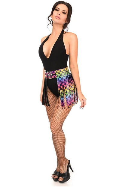 Rainbow Hearts Faux Leather Fringe Skirt