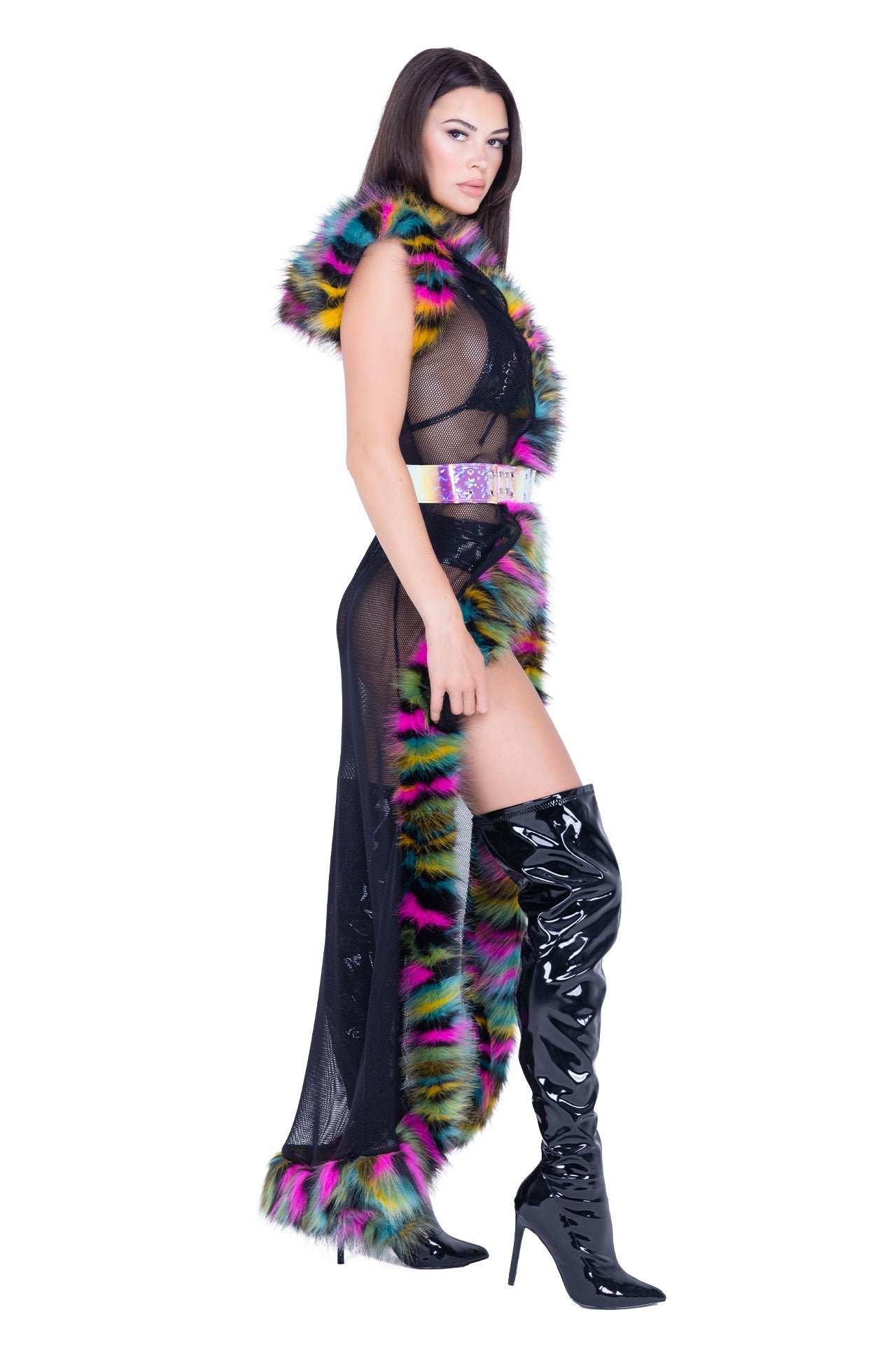 Rave FR156 - Fur Trimmed Fishnet Duster with Belt - J. Valentine.