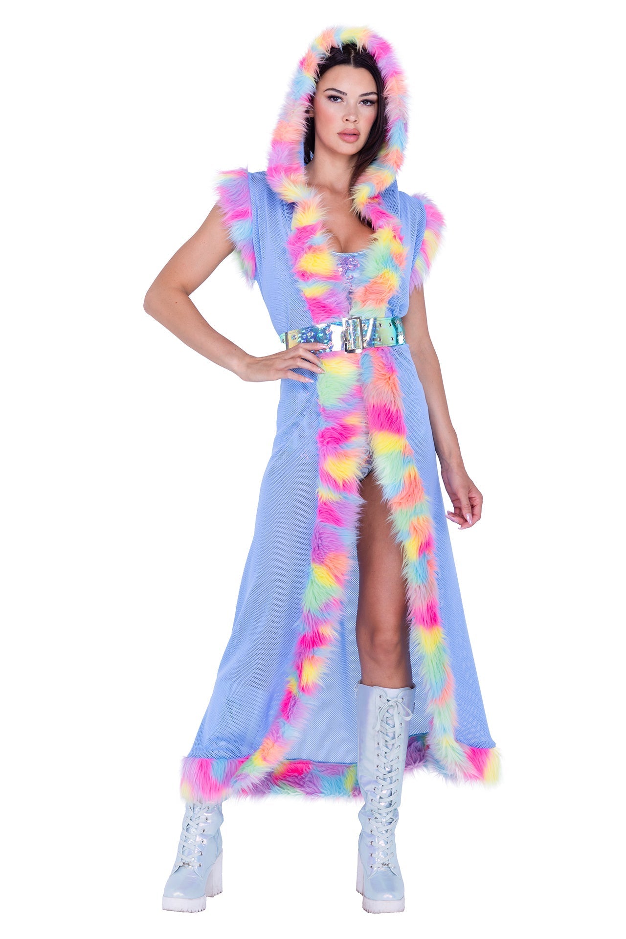 Rave FR156 - Fur Trimmed Fishnet Duster with Belt - J. Valentine.