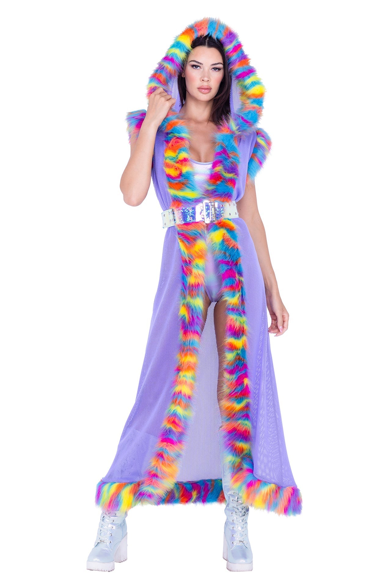 Rave FR156 - Fur Trimmed Fishnet Duster with Belt - J. Valentine.