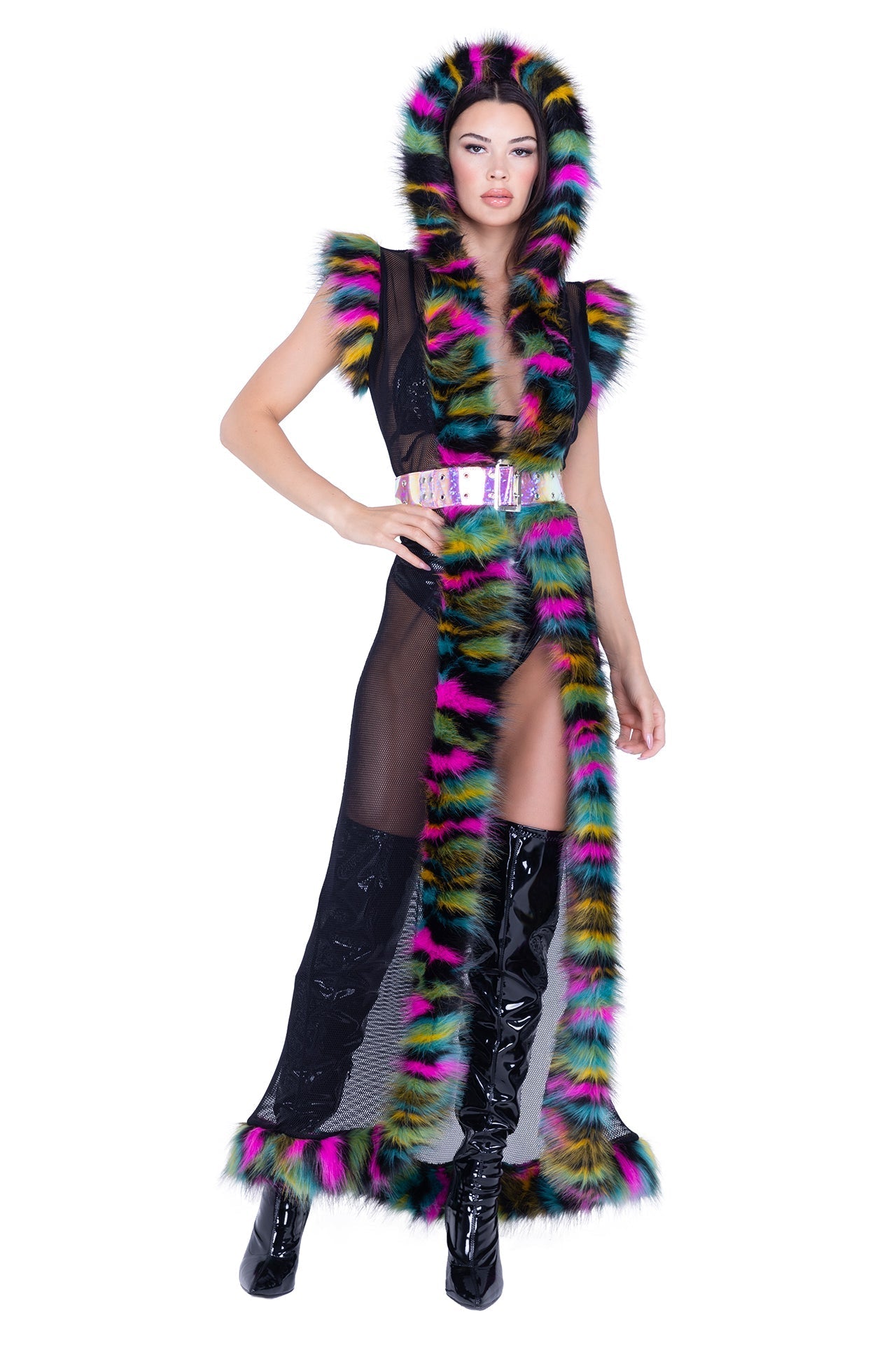 Rave FR156 - Fur Trimmed Fishnet Duster with Belt - J. Valentine.