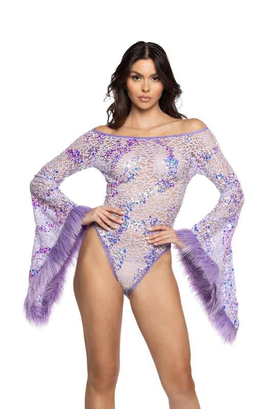 Rave JR130 - Faux Fur Trimmed Flair Sleeve Bodysuit - J. Valentine.