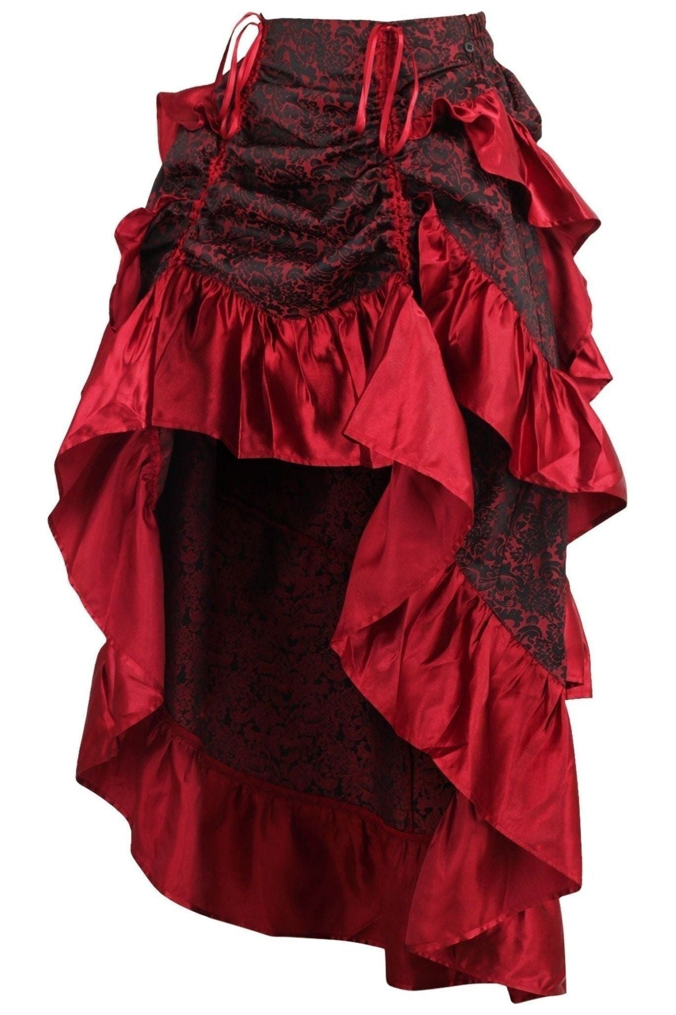 Red Brocade Adjustable High Low Bustle Skirt.