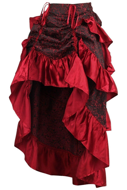 Red Brocade Adjustable High Low Bustle Skirt.