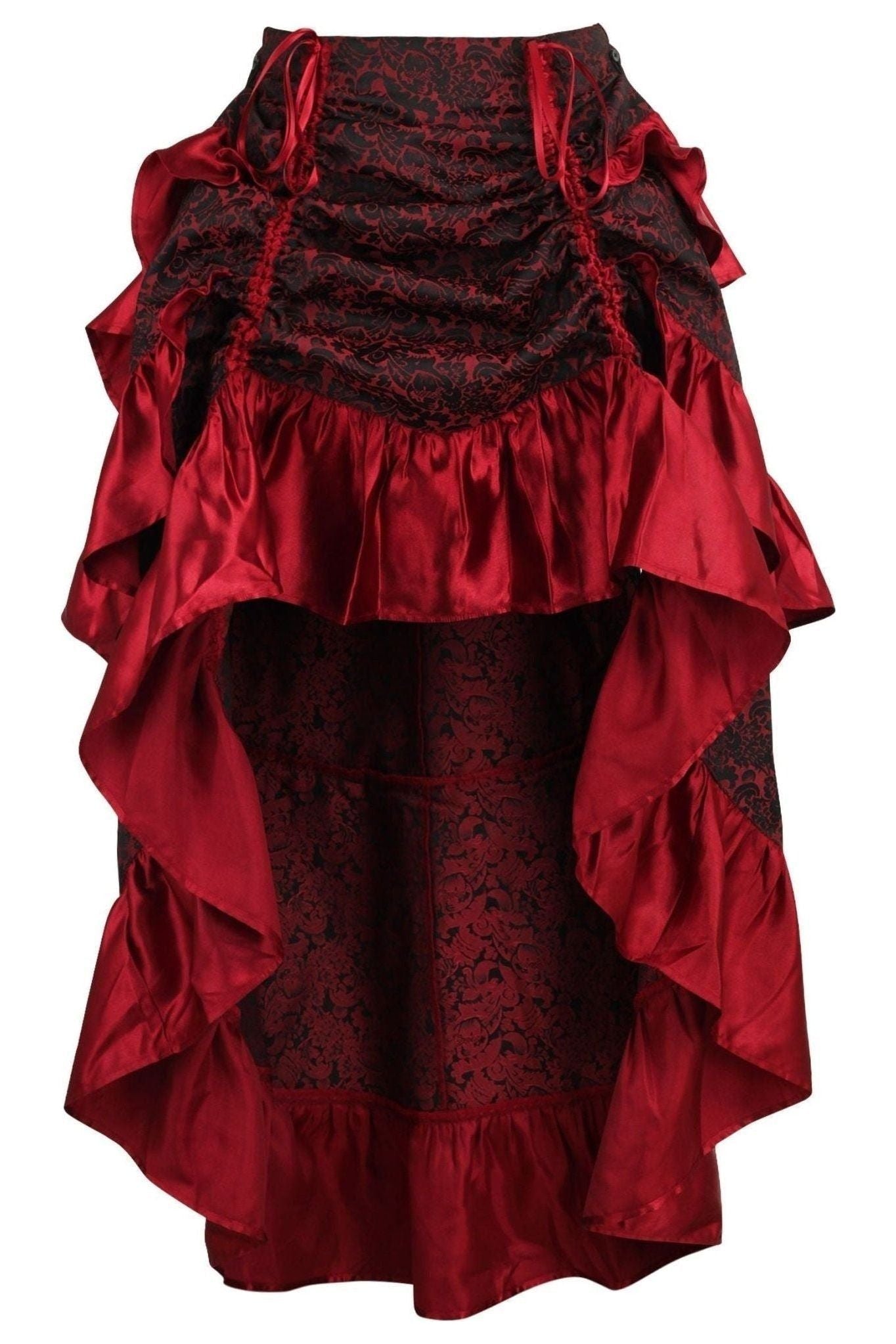 Red Brocade Adjustable High Low Bustle Skirt.