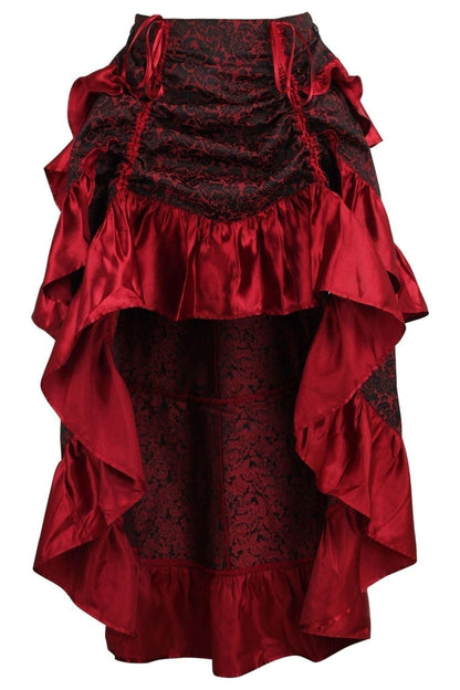 Red Brocade Adjustable High Low Bustle Skirt.