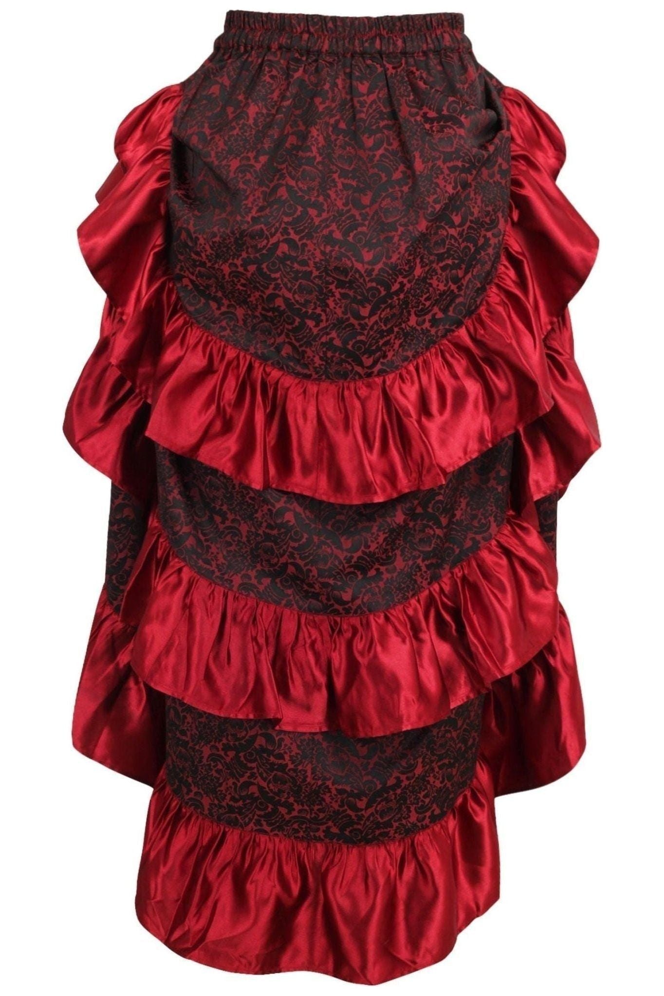 Red Brocade Adjustable High Low Bustle Skirt.