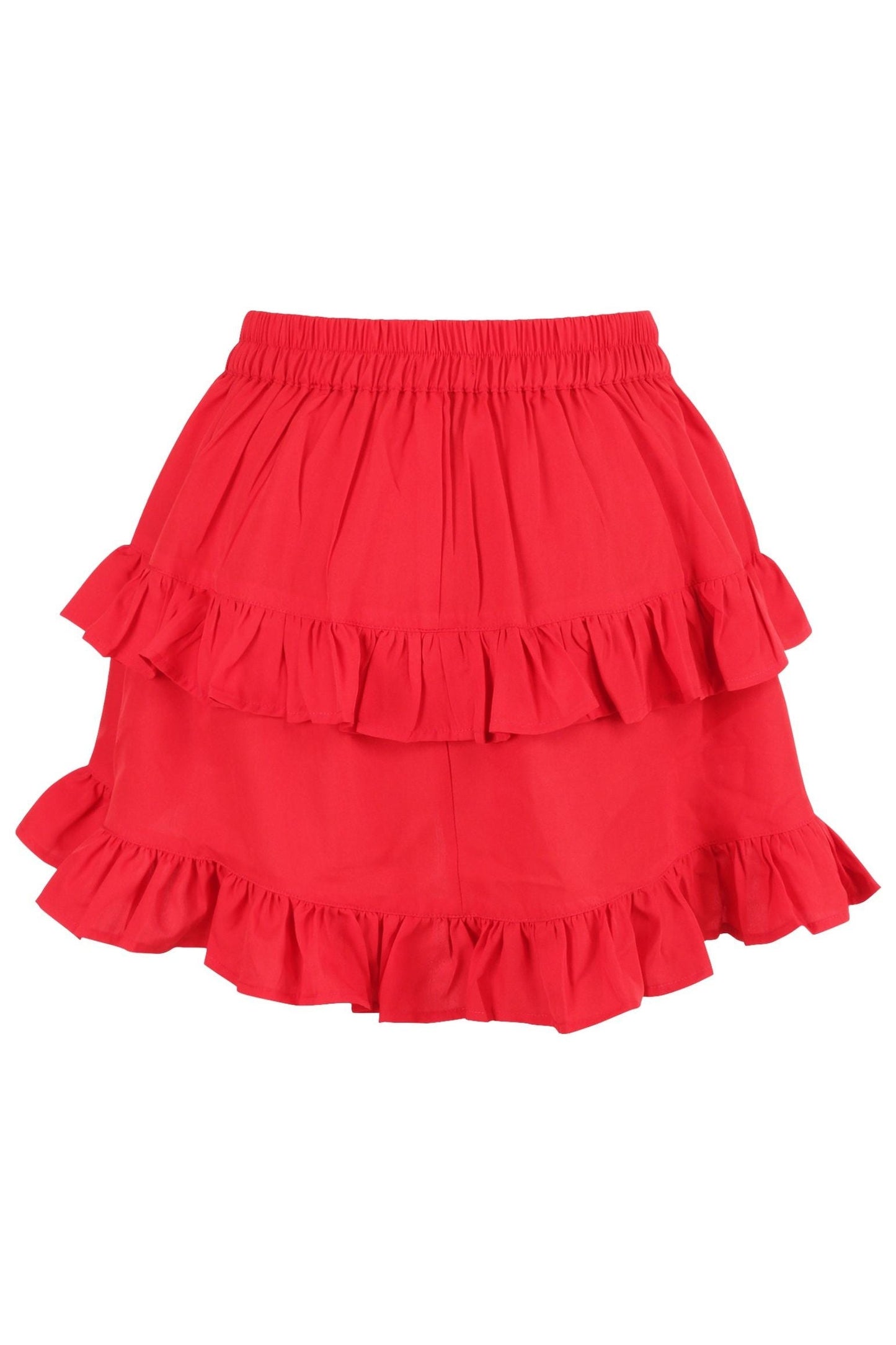 Red Crepe Ruched Bustle Skirt.