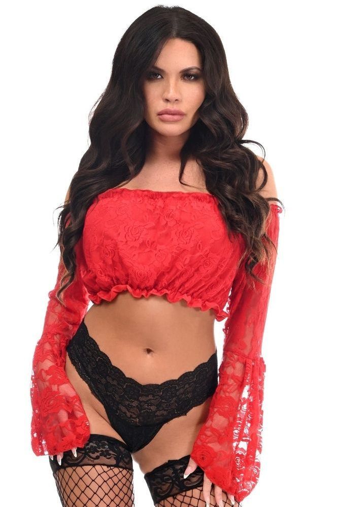 Red Lace Lined Bell Sleeve Top