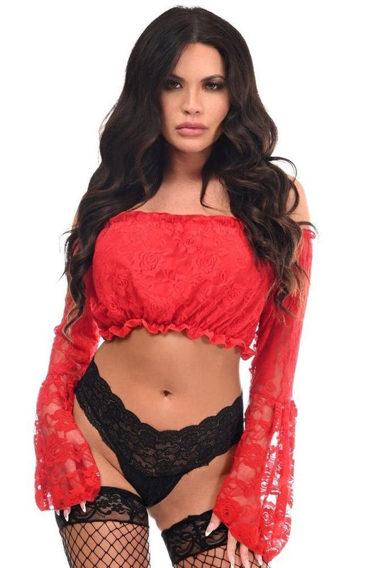 Red Lace Lined Bell Sleeve Top