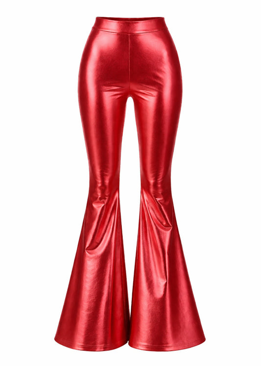 Red Faux Leather Bell Bottoms Metallic Flare Pants