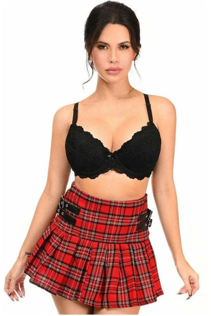 Red Plaid Pleated Skirt w/Buckles