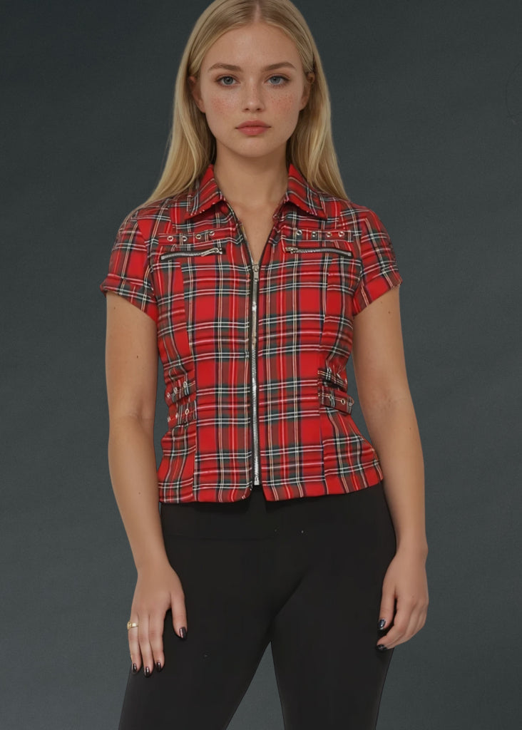 Short Sleeve Tartan Plaid Punk Shirt with Studs