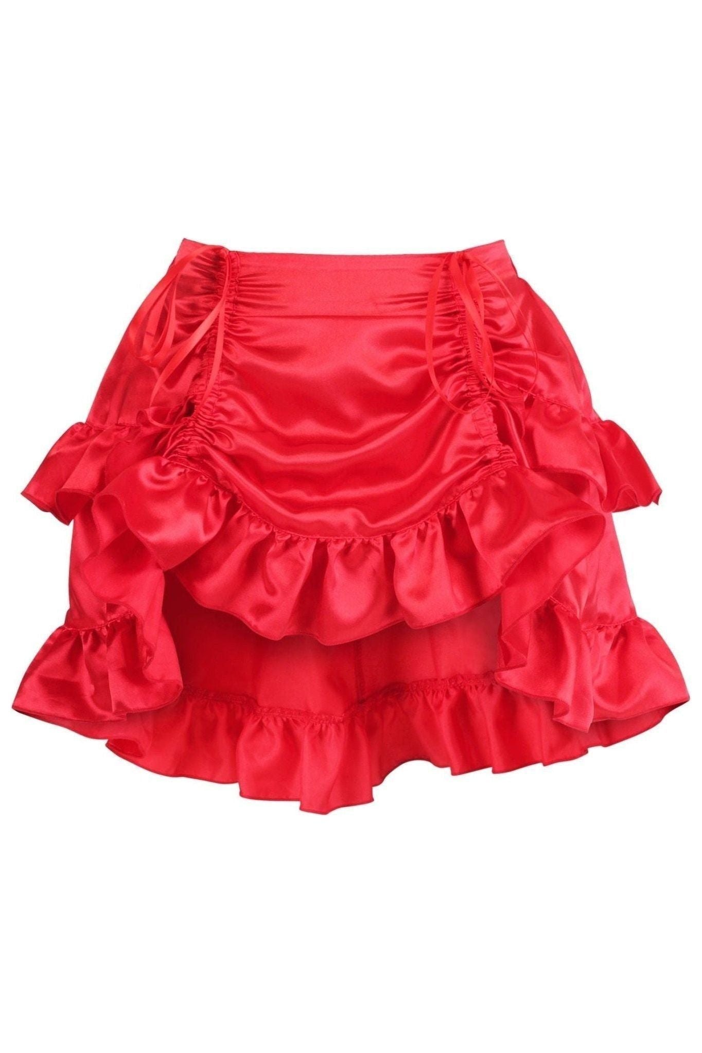 Red Satin Ruched Bustle Skirt.