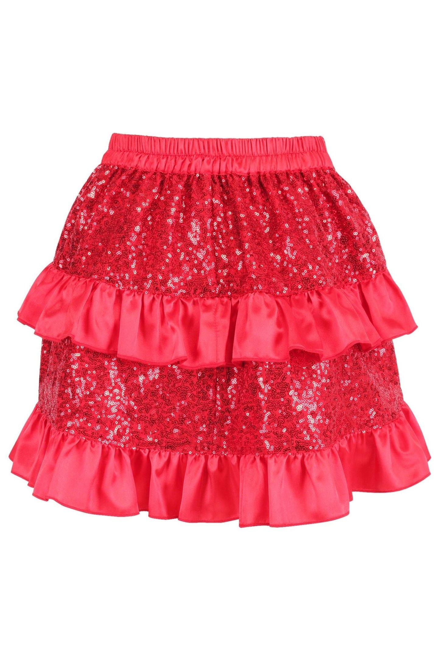 Red Sequin Ruched Bustle Skirt.