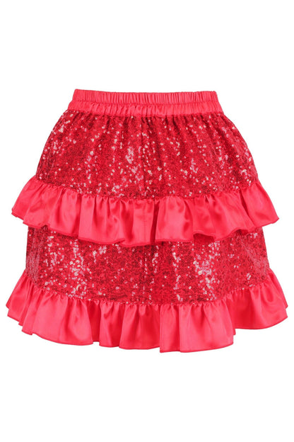 Red Sequin Ruched Bustle Skirt.