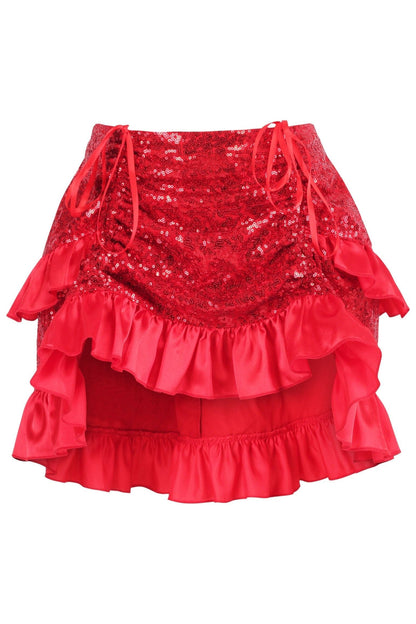Red Sequin Ruched Bustle Skirt.