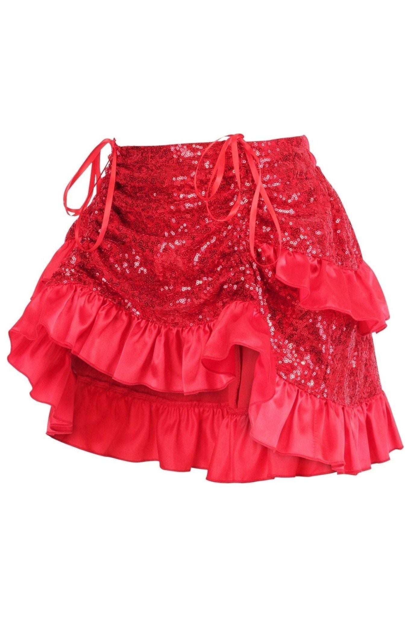 Red Sequin Ruched Bustle Skirt.