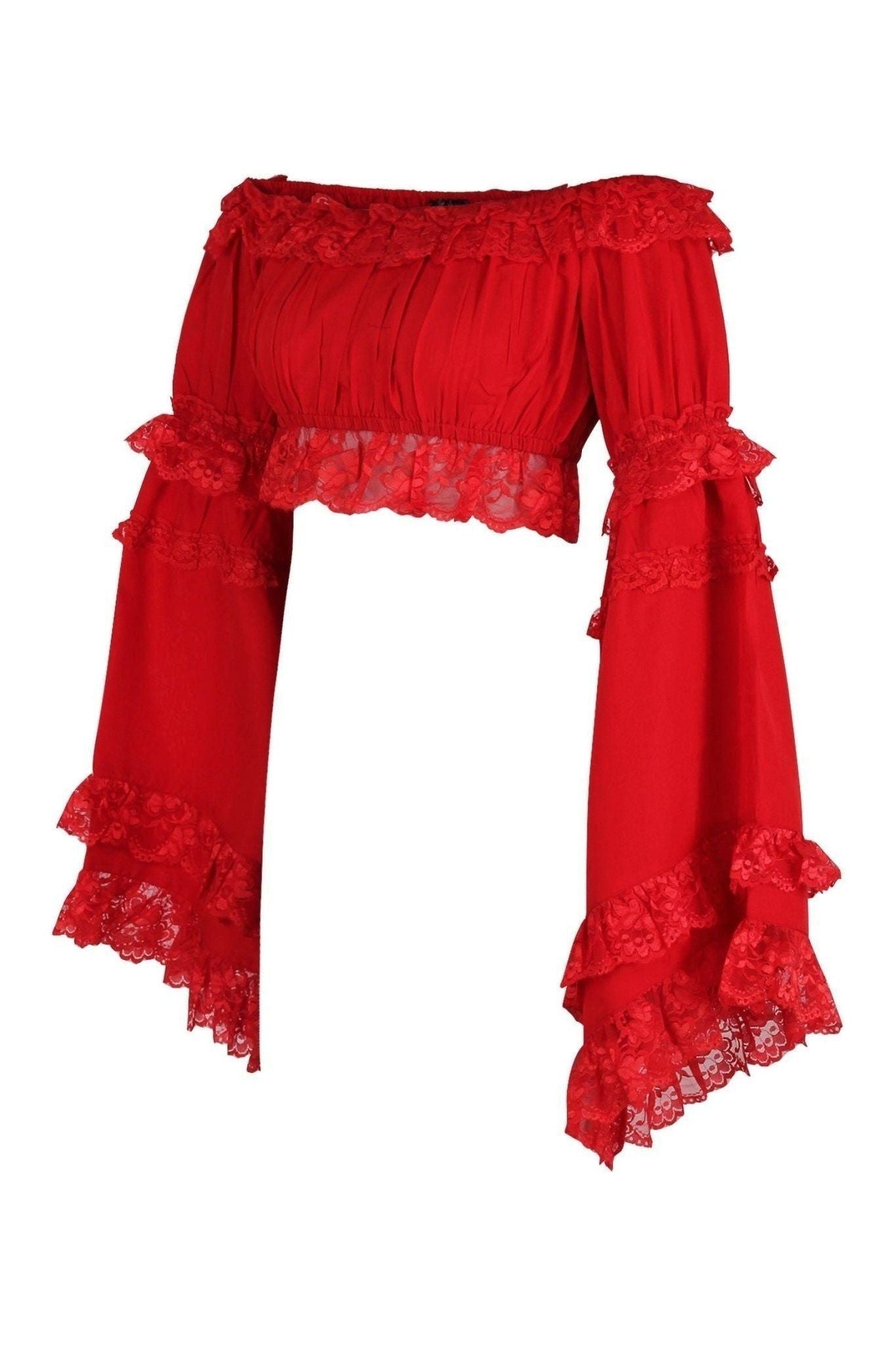 Red Smocked Flare Sleeve Peasant Top.