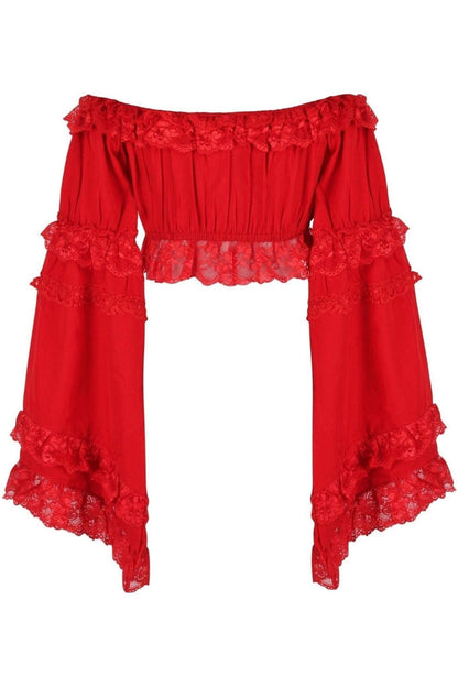 Red Smocked Flare Sleeve Peasant Top.