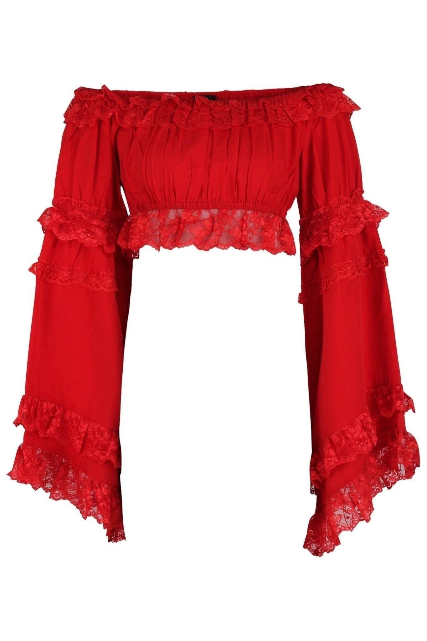 Red Smocked Flare Sleeve Peasant Top.