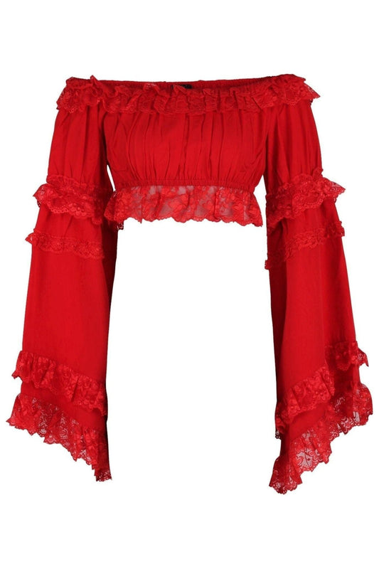 Red Smocked Flare Sleeve Peasant Top.
