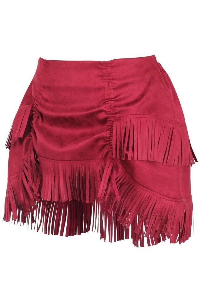Red Suede Ruched Bustle Skirt w/Fringe