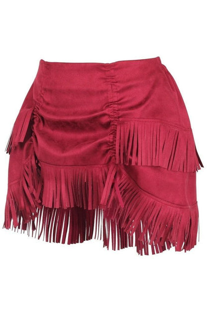 Red Suede Ruched Bustle Skirt w/Fringe