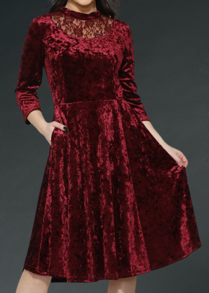 Red Velvet Gothic Dress with Lace Details