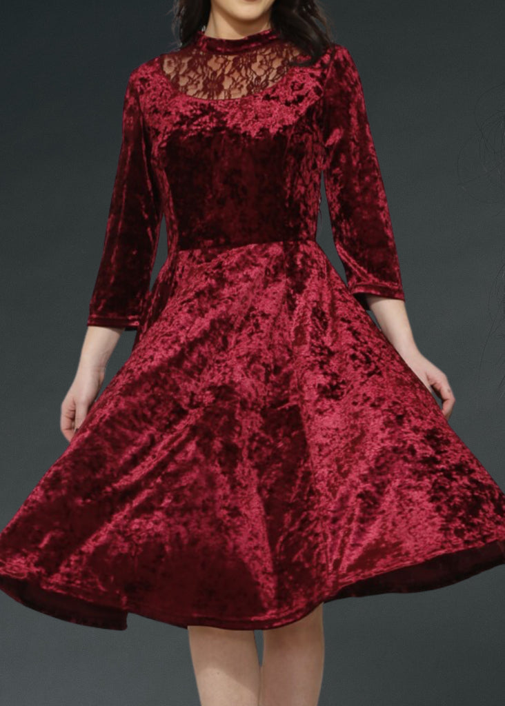 Red Velvet Gothic Dress with Lace Details