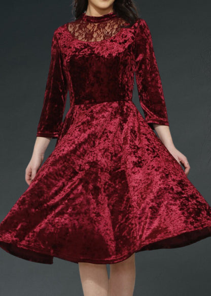 Red Velvet Gothic Dress with Lace Details