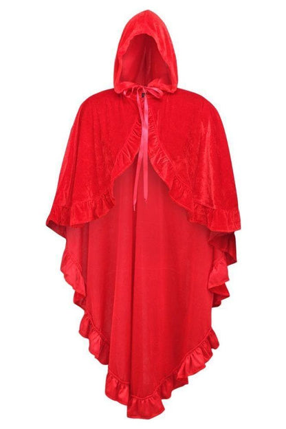 Red Velvet Hooded Ruffle Cape.