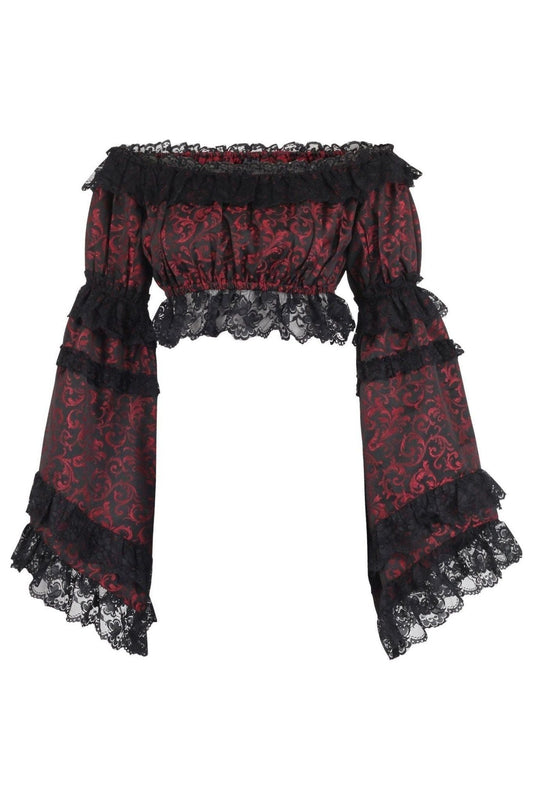 Red/Black Brocade Smocked Flare Sleeve Peasant Top.