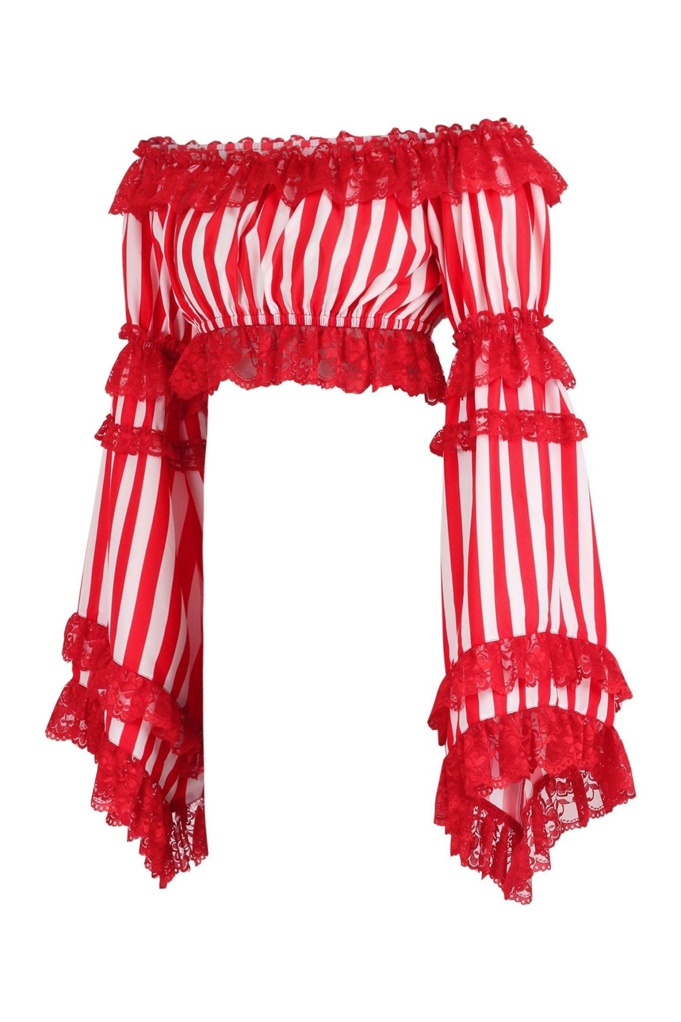 Red/White Striped Smocked Flare Sleeve Peasant Top