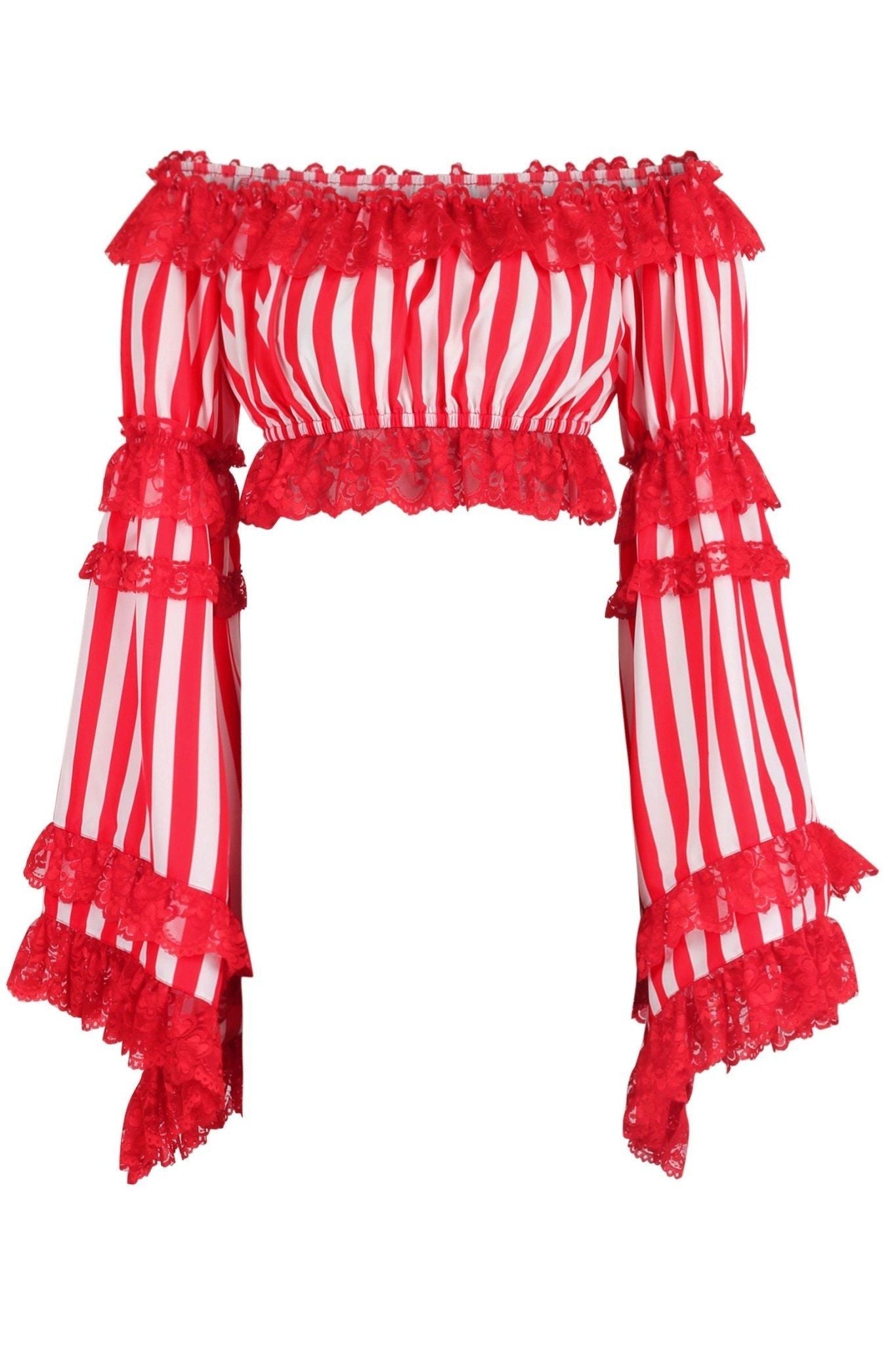 Red/White Striped Smocked Flare Sleeve Peasant Top