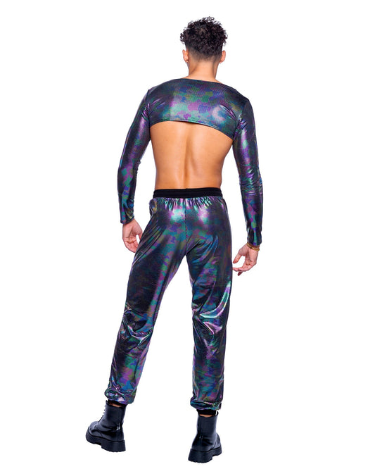 Roma Mens Rave Festival Rainbow Shimmer Camouflage Long Sleeved Crop Top.