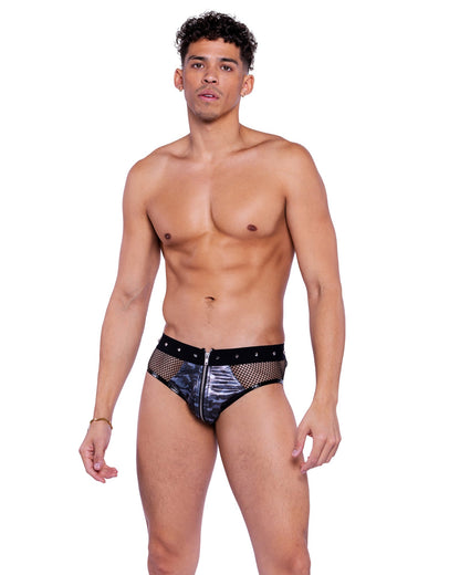 Roma Mens Rave Festival Shimmer Camouflage & Fishnet Zip-Up Briefs.
