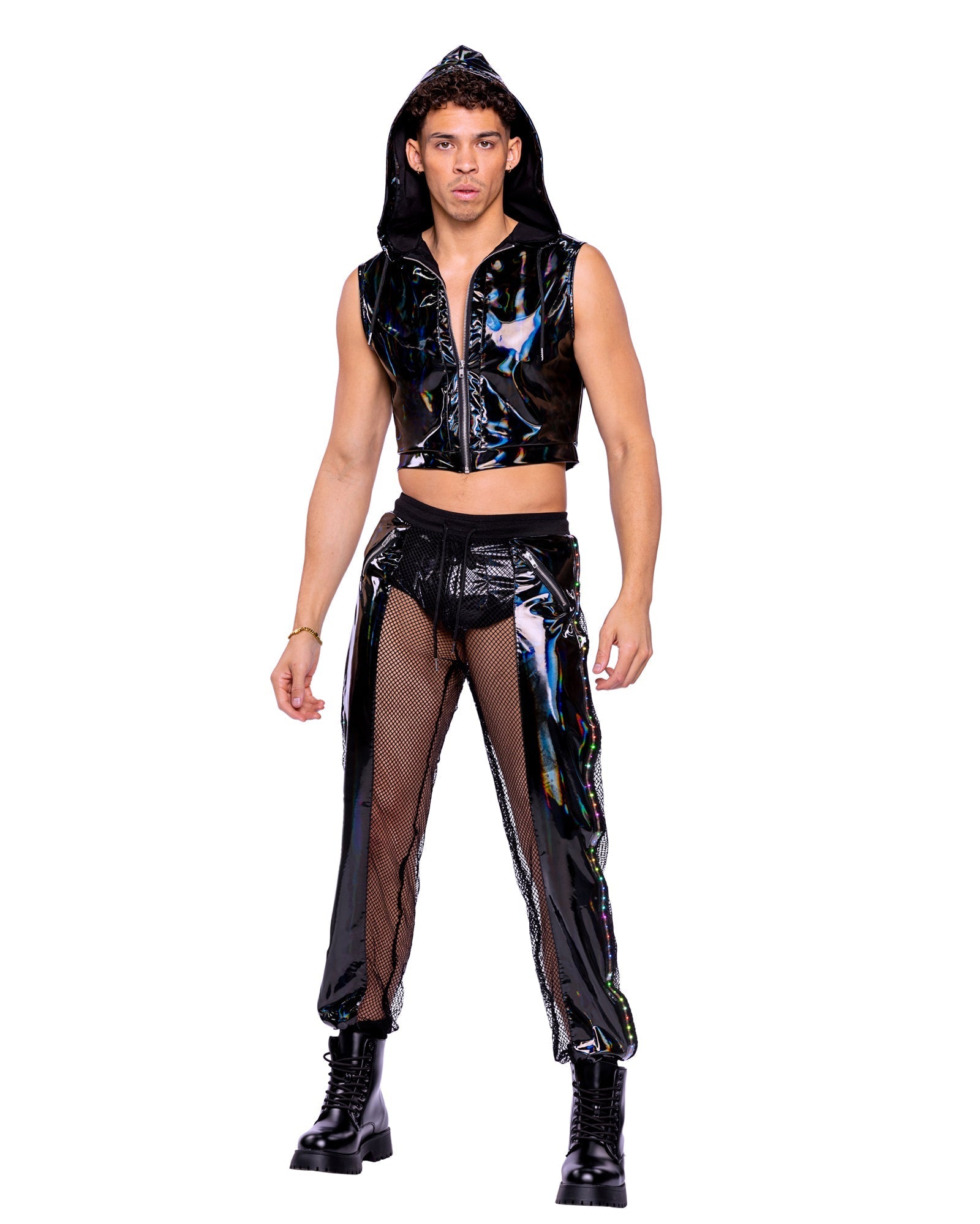Roma Mens Rave Festival Vinyl with Iridescent Print Cropped Zip-Up Hooded Sleeveless Jacket.