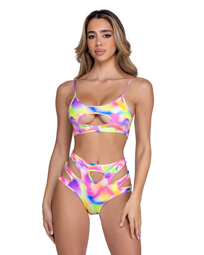 Roma Rave Festival Shimmer Multi-Colored Keyhole Cropped Top.