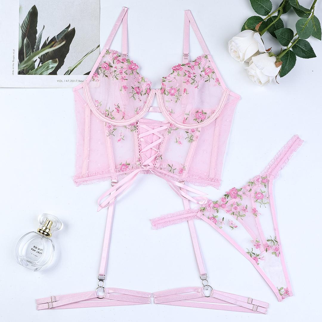 Rose Garden Embroidered Lace 3 Piece Lingerie Set - Unspoken Fashion