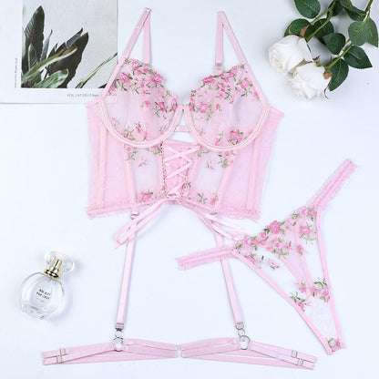 Rose Garden Embroidered Lace 3 Piece Lingerie Set - Unspoken Fashion
