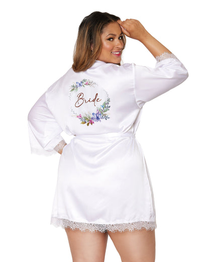 Dreamgirl Satin and eyelash lace trim bridal robe with artistic floral screen-print on the back